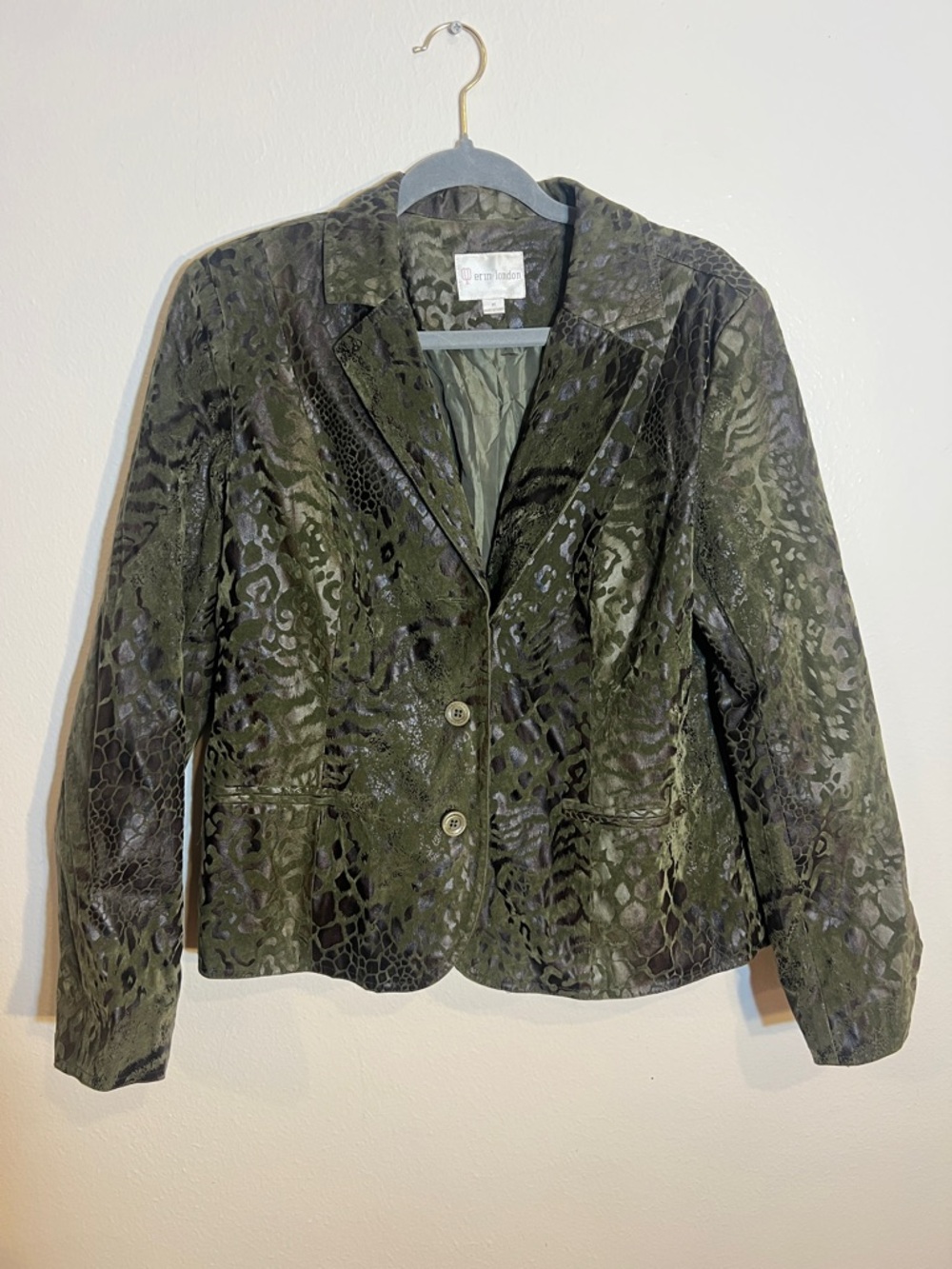 erin london Vintage Olive Green Animal Print Lightweight Blazer Jacket Medium